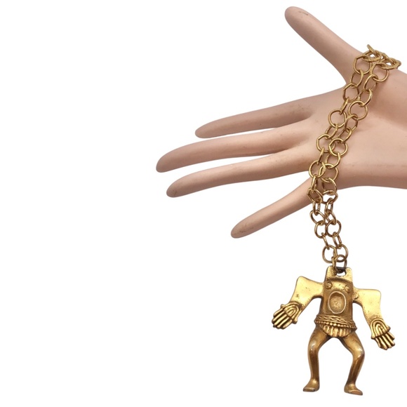 Vintage Tortolani Pendant Necklace, Gold Tone Tribal Warrior Pendant on Chain - Picture 9 of 11